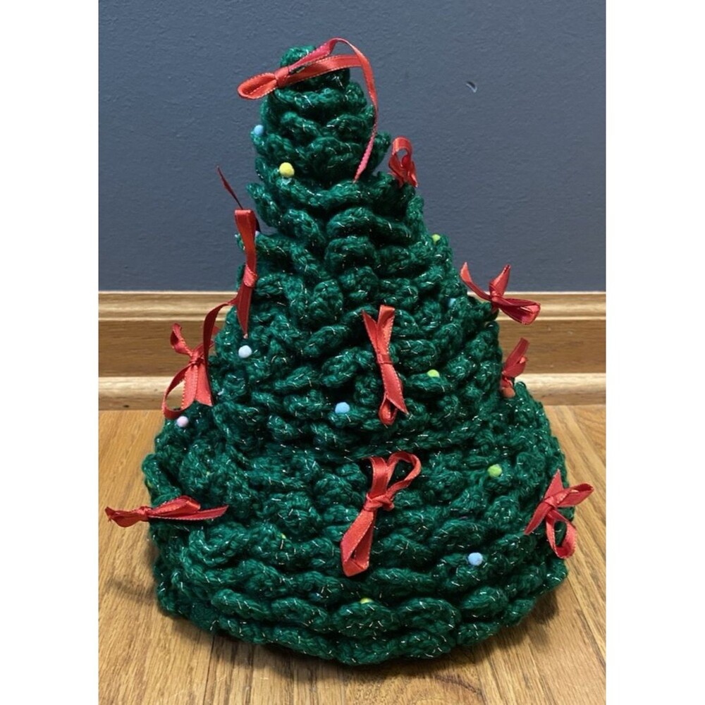 Vintage Crocheted 2pc Christmas Tree Trinket Storage Container Tub 10" Handmade